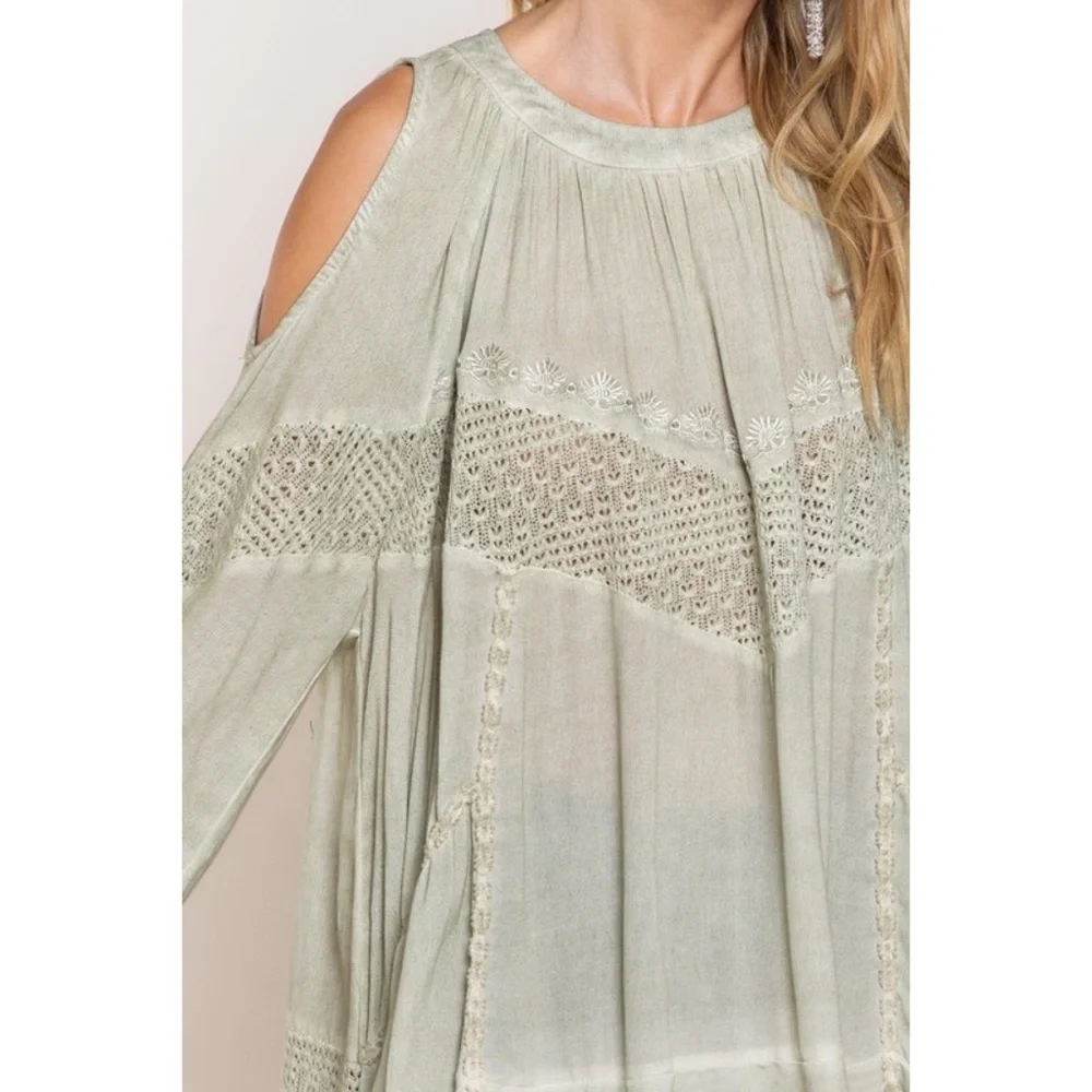 POL Sage Green Long Sleeve Lace Inset Ruffled Tunic Top - Picture 2 of 8